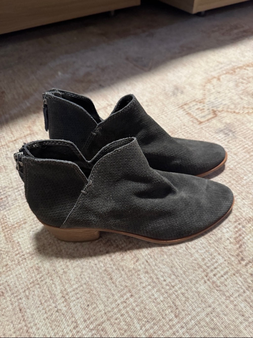 Dolce Vita Perforated Black Suede Ankle Booties with Brown Stacked Heel